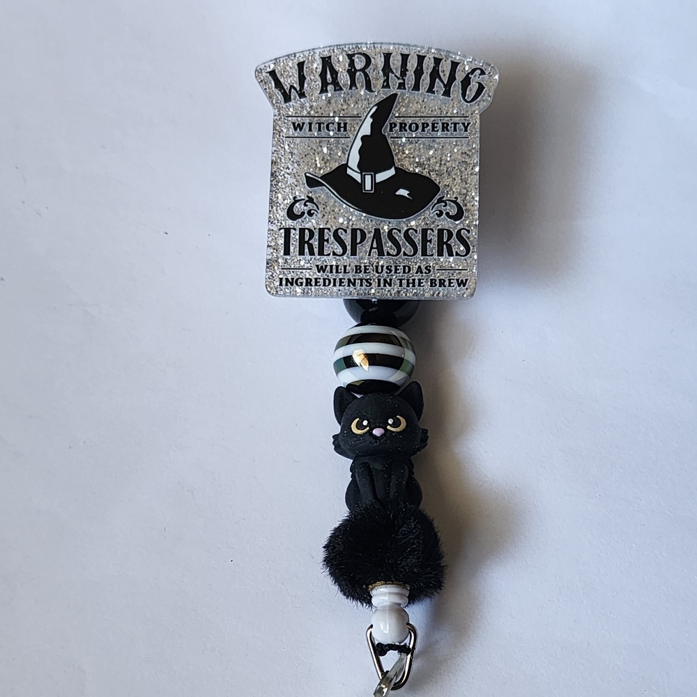 Witch‎ Badge Reel Alligator Clip Black Cat Halloween Silver Black Badge Holder